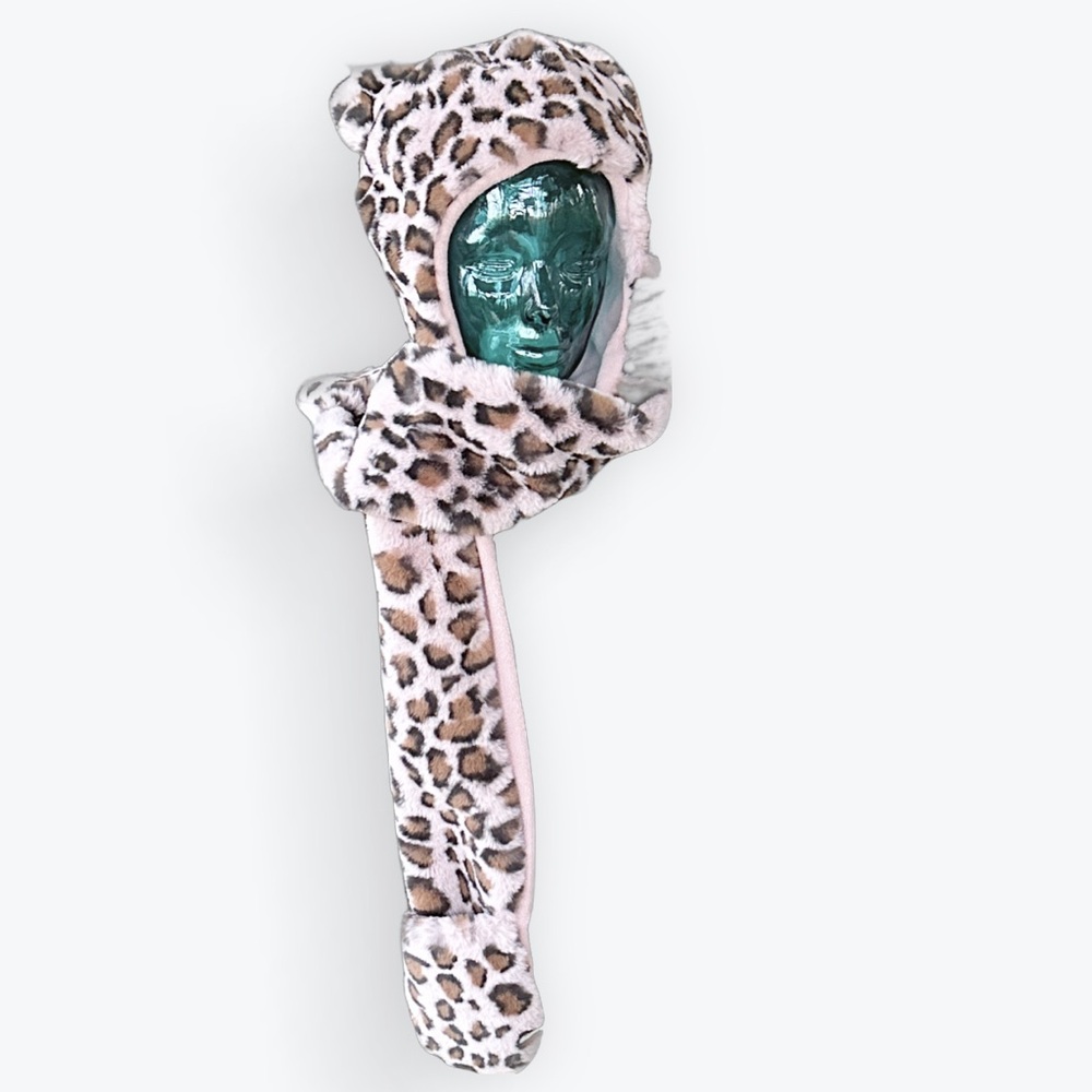 Y2K McBling Kawaii Pink Leopard Fur Hat Cute Ears & Attached Pocket Scarf ~ OS
